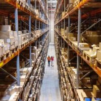 dos profesionales de la logistica caminan por un pasillo revisando el stock