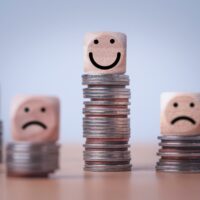 cubos de madera encima de monedas representan el salario emocional en función de la altura de las monedas y la sonrisa de los cubos